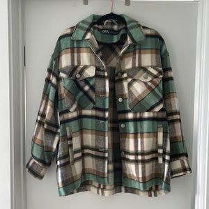 Zara Plaid Jacket in Green, Brown, and Cream